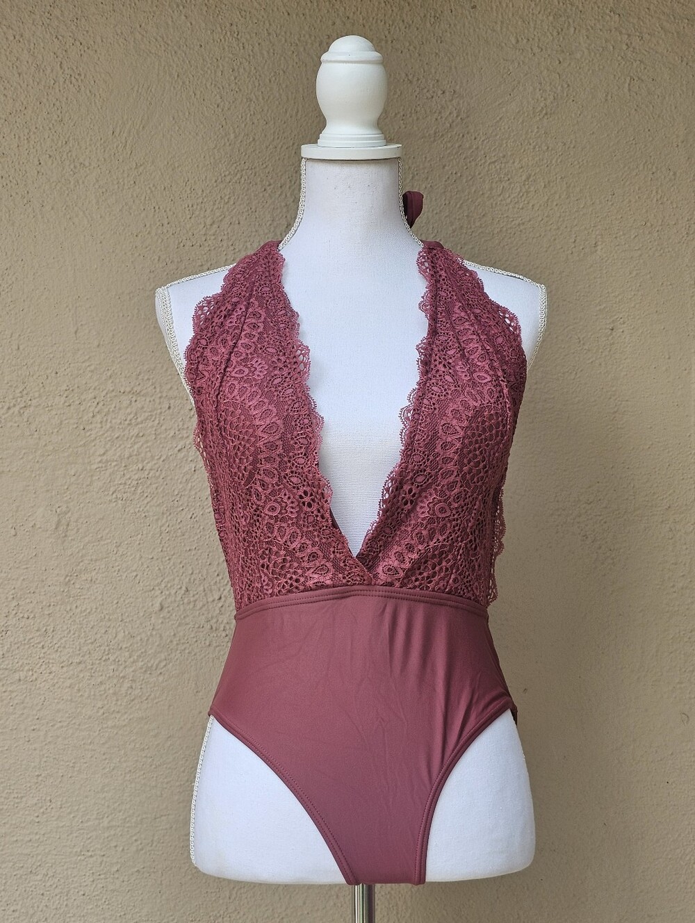 Xhilaration Lace Top Swimsuit Plunging Neckline Open Back One Piece Sz Medium